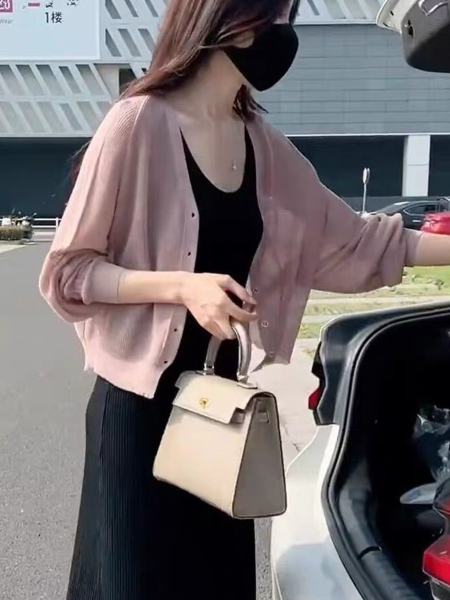 Ice silk knitted cardigan shawl summer thin top with skirt for women's short sun protection suspender outside air conditioning shirt