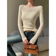 批发米色长袖针织衫女秋冬2024新款修身显瘦设计感打底衫上衣