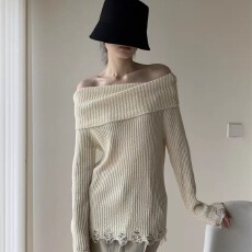 批发2025早秋新款小众白色一字领露肩修身包臀罗纹针织迷你连衣裙短