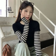 批发古弄假两件拼接设计感条纹长袖<b class='q'>t</b><b class='q'>恤</b><b class='q'>女</b>春秋季修身内搭显瘦短款上衣