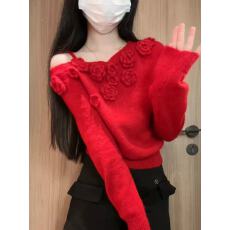 批发纯欲风立体花朵斜肩长袖针织衫女秋冬季辣妹修身<b class='q'>短</b>款新年红色上衣