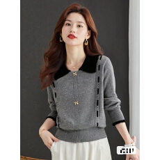 批发实价秋冬新款<b class='q'>韩版</b>甜美减龄拼色娃娃领蝴蝶结纽扣长袖开衫上衣女