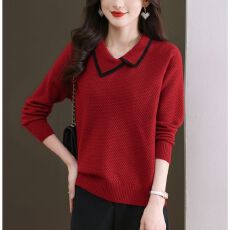 批发秋季新款时尚翻领拼色毛衣<b class='q'>针织衫</b>洋气内搭<b class='q'>妈妈</b>装高档打底衫女上衣