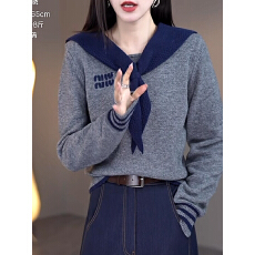 批发海军领假两件针织打底衫女秋冬季2024新款上衣字母刺绣毛衣小香风