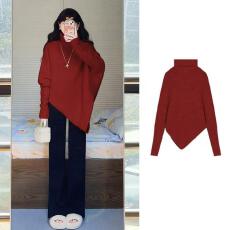 批发新款<b class='q'>宽松</b>蝙蝠毛衣高领针织衫大码mm秋冬不规则慵懒显瘦百搭上衣