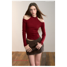 批发设计感正反两穿小<b class='q'>高领</b>露肩毛织打底T恤女装2025秋冬修身上衣