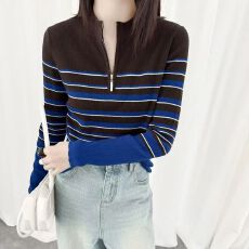 批发秋冬新款套头打底衫半高圆领羊毛针织衫显瘦百搭修身长袖条纹上衣