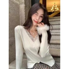 批发甜美风蕾丝<b class='q'>V领</b>内搭打底衫针织衫2025秋冬新款高级感 安迪绒