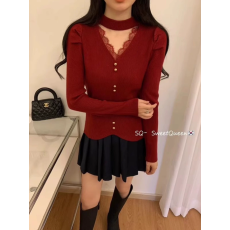 批发法式蕾丝拼接领纯色<b class='q'>v领</b>修身显瘦长袖2025秋季新款收腰毛针织衫