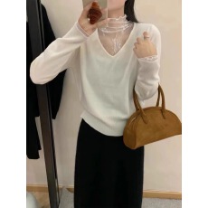 批发<b class='q'>蕾丝</b>拼接高领针织假两件女冬浙江普院毛衣桐乡高端嘉兴濮院羊绒衫