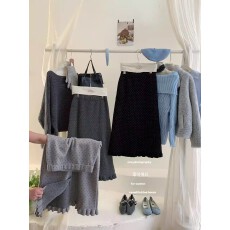 批发复古miu系木耳边松紧腰针织毛线半身裙女<b class='q'>冬</b>厚高腰显瘦直筒中长裙