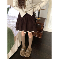 批发学院风蕾丝花边高腰针织半身裙子2025秋<b class='q'>冬</b>设计感百褶裙A字短裙女