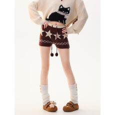 批发PBB<b class='q'>甜美</b>温柔风星星菱格包臀短裤女高腰毛球系带复古针织收腰热裤