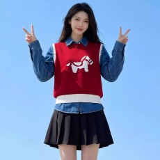 批发红色针织马甲打底衫套装冬季内搭圣诞节马年本命年毛衣叠穿三件套