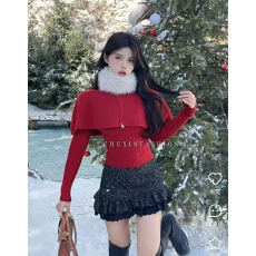 批发新年红色毛领斗篷毛衣女秋冬2025新款修身显瘦内搭针织衫套装