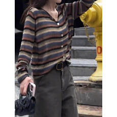 批发港风长袖外搭<b class='q'>开衫</b>2026春季新款遮肉显瘦条纹<b class='q'>针织</b>上衣女