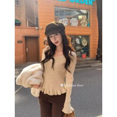 批发完全甜妹本妹甜美减龄木耳边显瘦针织衫