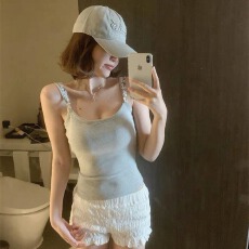 批发法式纯欲网纱拼接绑带蕾丝挂脖抹胸短款吊带背心女夏