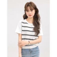 批发XinmonLee<b class='q'>韩</b>系简约学院<b class='q'>风</b>撞色拼接针织假两件T恤春夏百搭显瘦上衣