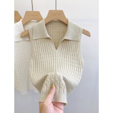 批发复古麻花针织吊带背心女外穿秋<b class='q'>冬</b>内搭打底衫气质翻领无袖抹胸上衣