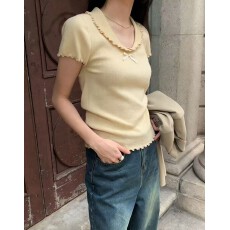 批发黄色娃娃领短袖T恤女2026新款夏季韩版纯欲甜美修身显瘦减龄上衣