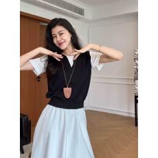 韩系黑色v领假两件针织正肩短袖t恤女夏季小个子修身短款冰丝上衣