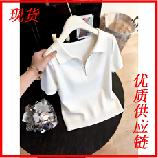 批发今年流行白色<b class='q'>polo</b>领半拉链短袖针织<b class='q'>衫</b>女款夏季设计感修身小众上衣