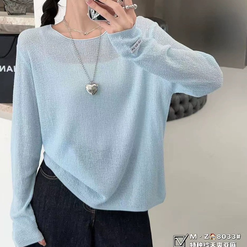봄 새로운 한국 스타일 루즈핏 캐주얼 라운드 넥 긴팔 니트 스웨터 여성 단색 얼음 실크 아마 풀오버 맨위