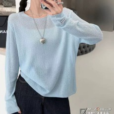 批发春季新款韩版<b class='q'>宽松</b>休闲圆领长袖<b class='q'>针织衫</b>女纯色冰丝亚麻套头上衣