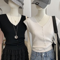 批发韩版外穿V领薄款针织开衫女2026夏季新款修身<b class='q'>无袖</b>曲珠纯色<b class='q'>上衣</b>潮