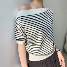批发韩系休闲风条纹斜肩针织T恤女夏季慵懒<b class='q'>宽松</b>卡腰显瘦露肩短袖上衣