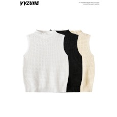 批发法式高级感纯欲风黑色半高领背心女装秋季新款<b class='q'>无袖</b>针织内搭<b class='q'>上衣</b>服