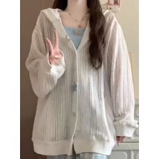 批发镂空白色防晒针织开衫薄外套女夏季2025新款短款外搭长袖罩衫上衣