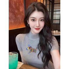 批发彩虹马刺绣半高领短袖针织衫女独特超好看修身<b class='q'>打底衫</b>早春上衣