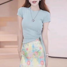 批发2026夏季新款韩版时尚百搭圆领短袖T恤女修身显瘦纯色<b class='q'>打底衫</b>上衣