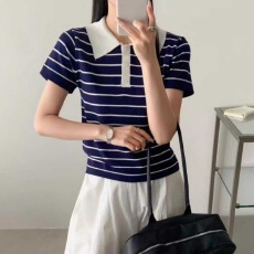 批发2026年夏季<b class='q'>韩版</b>新款百搭学院风条纹冰爽丝针织短袖甜美减龄上衣女