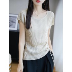 批发圆领天丝亚麻针织短袖T恤衫女修身夏季薄款侧抽绳收腰飞飞袖上衣