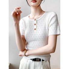 批发春夏新款<b class='q'>针织</b>衫女短袖短款<b class='q'>圆领</b>韩版半开领纯色套头小款女