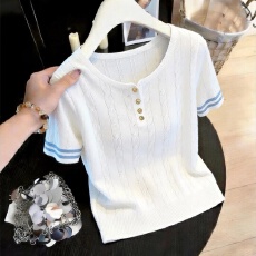 批发麻花条纹短袖针织衫女2026<b class='q'>春</b>夏薄款洋气圆领T恤宽松显瘦冰丝上衣