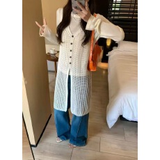 批发韩系小清新蓝色V领针织马甲女叠穿镂空罩衫裙早春氛围感穿搭