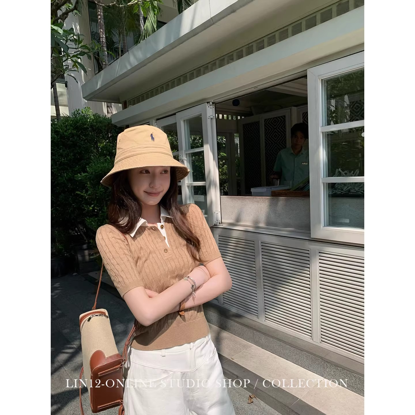 lin12-ivy style 레트로 POLO 칼라 꽈배기 반팔 양모 니트 스웨터 오래된 돈 긍정적 인 어깨 몸매 가꾸기 맨위