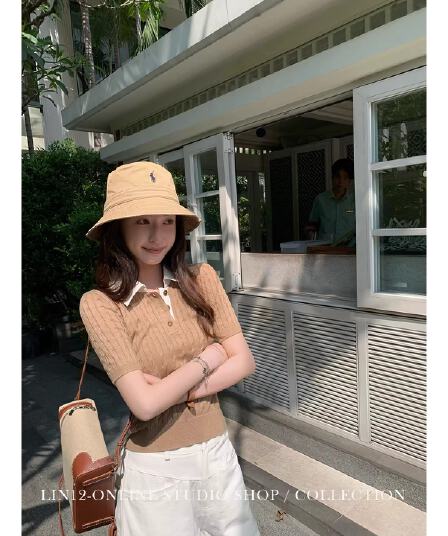 lin12-ivy style 레트로 POLO 칼라 꽈배기 반팔 양모 니트 스웨터 오래된 돈 긍정적 인 어깨 몸매 가꾸기 맨위