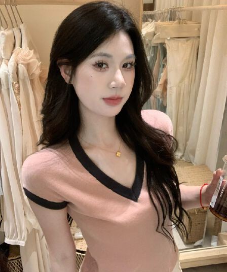 as official- 켜기 새로운 다용도 어깨 넣다 메인 편안함 대법원 배색 V넥 니트 작은 셔츠