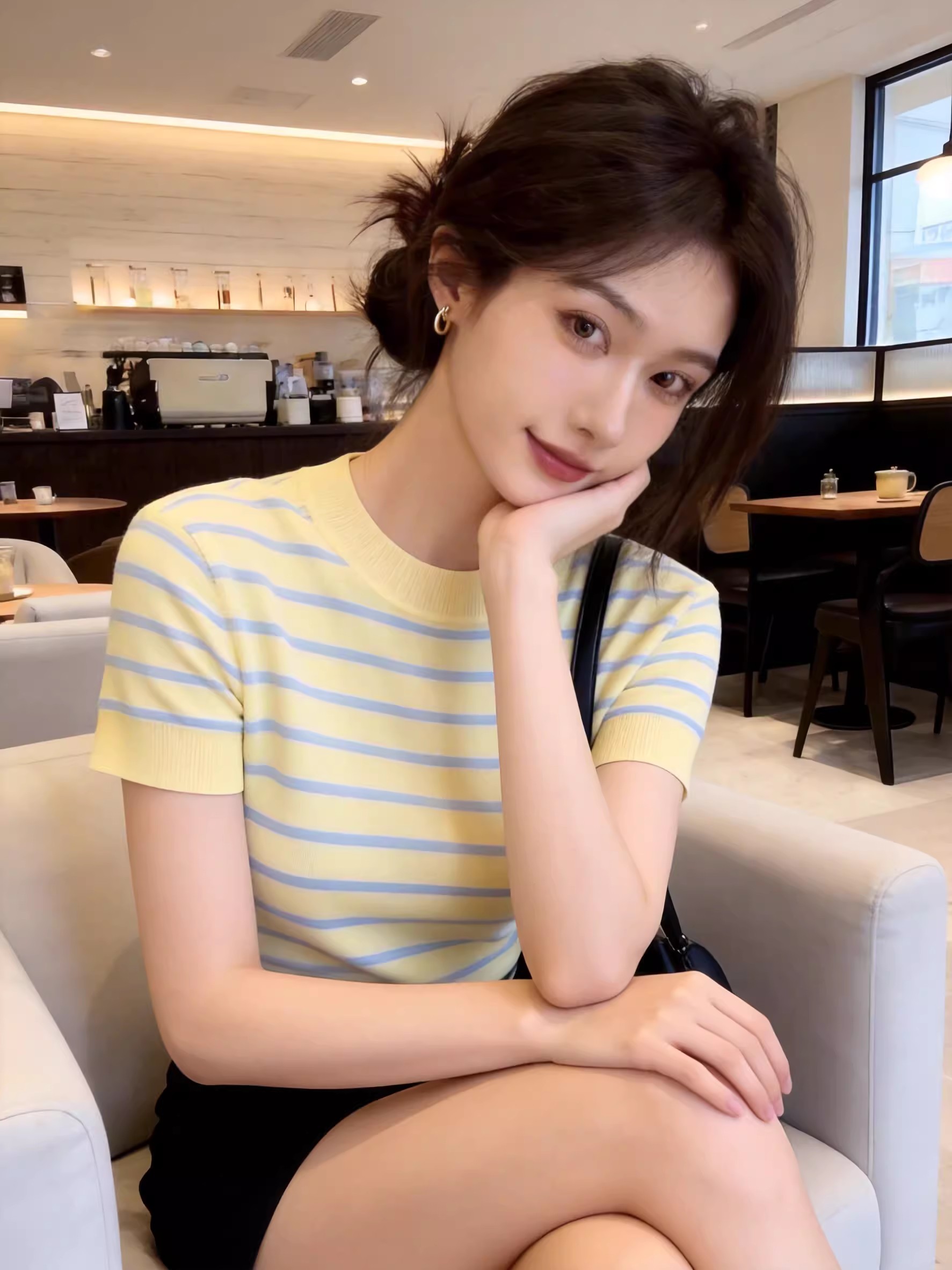 황색 스트라이프 라운드 넥 루즈핏 반팔 티셔츠 여성 2026 여름 도파민 달콤함 부드러운 느긋한 캐주얼 맨위