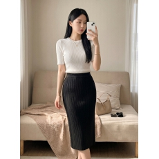 批发韩国chic坑条纹开叉百搭秋<b class='q'>冬</b>针织A字半身长裙女修身包臀一步子裙