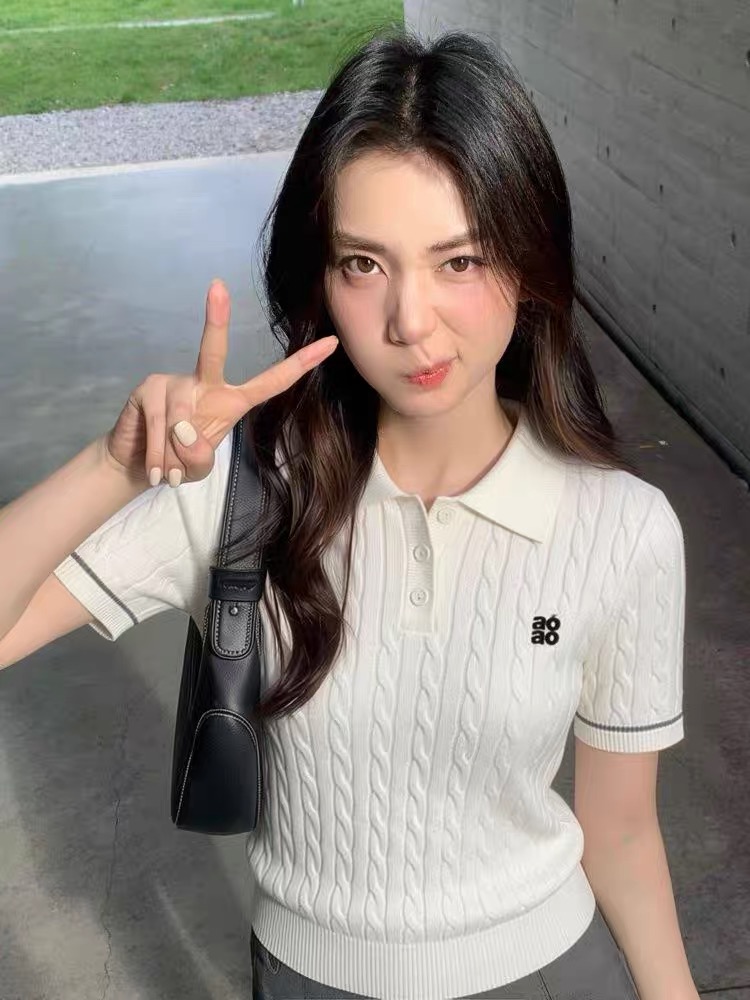 학원 스타일 레트로 몸매 가꾸기 슬림해 보이는 오래된 돈 바람 폴로 칼라 반팔 polo 니트 스웨터 t