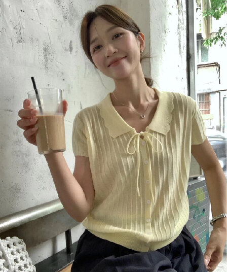 산소 센스 레이스 폴로 칼라 레이스업 싱글 줄 버튼 슬림해 보이는 반팔 오픈 가디건 여성