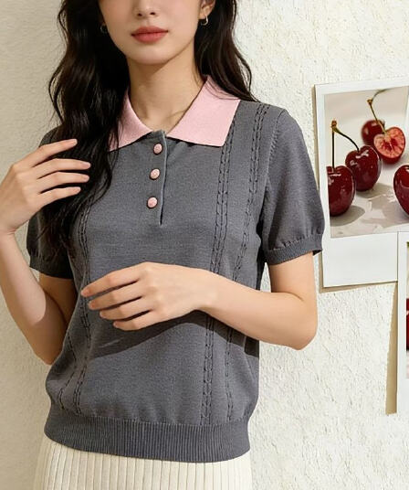 한 부서 배색 POLO 칼라 회색 얼음 실크 니트 반팔 티셔츠 여성 여름 고유 한 슈퍼 잘 생긴 아름다운 쇼트 스타일 맨위