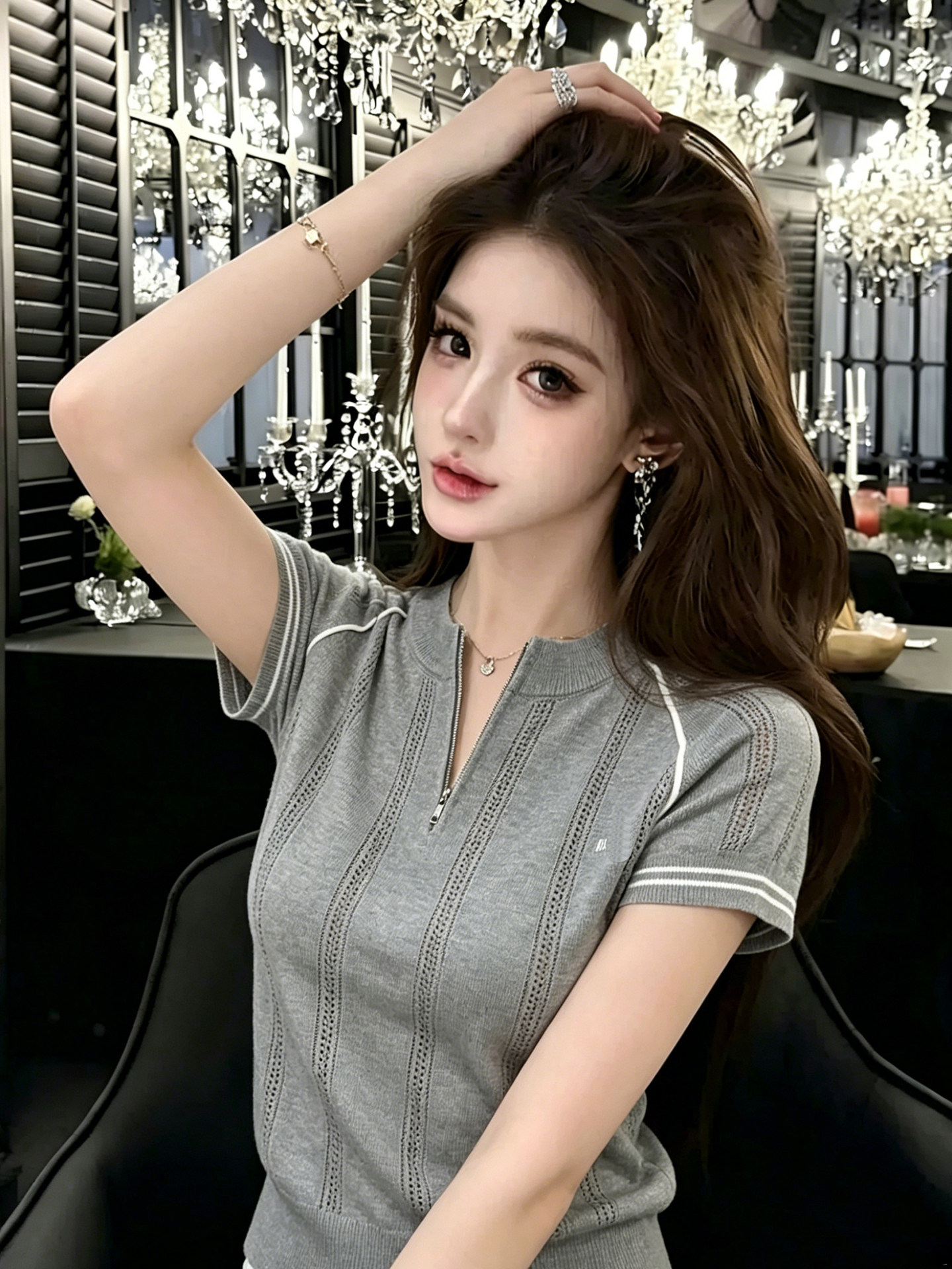 lym studio 레트로 니트 반팔 티셔츠 여성 2026 한국 스타일 여름 몸매 가꾸기 슬림해 보이는 지퍼 배색 맨위