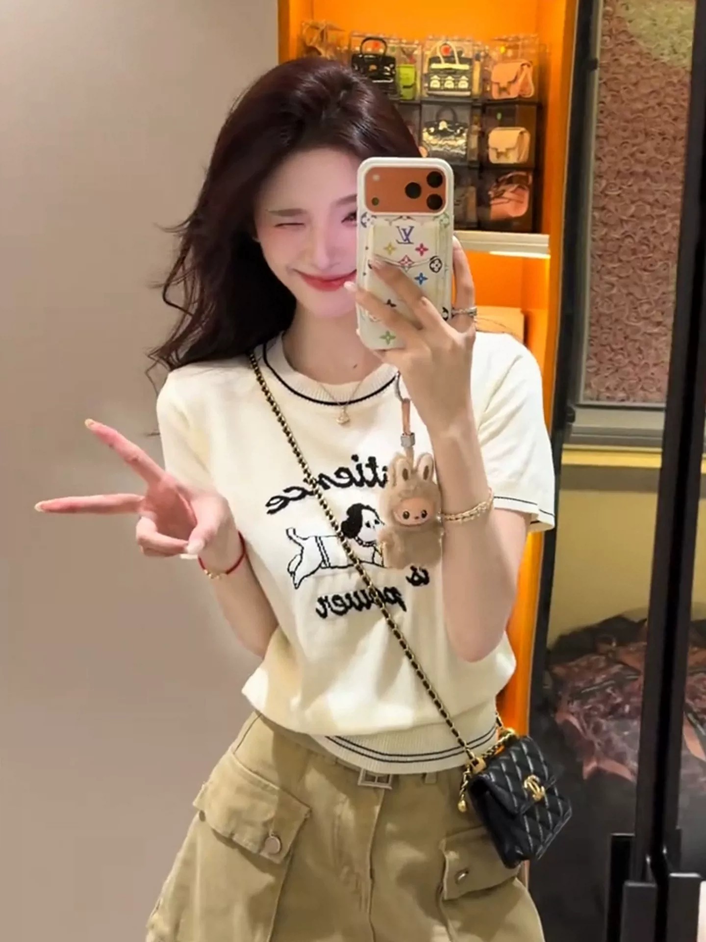 한 부서 살구 색상 강아지 자카드 니트 반팔 티셔츠 여성 여름 얇은 스타일 작은 키 몸매 가꾸기 슬림해 보이는 쇼트 스타일 맨위